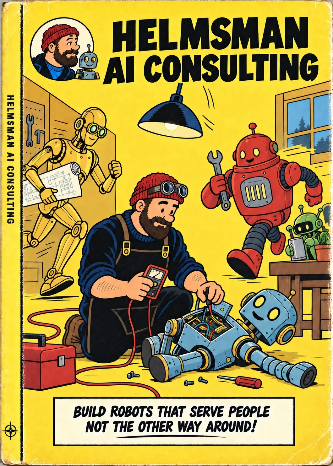 Vintage Helmsman AI Consulting cover: Aaron building friendly robots. Build robots that serve people, not the other way around.
