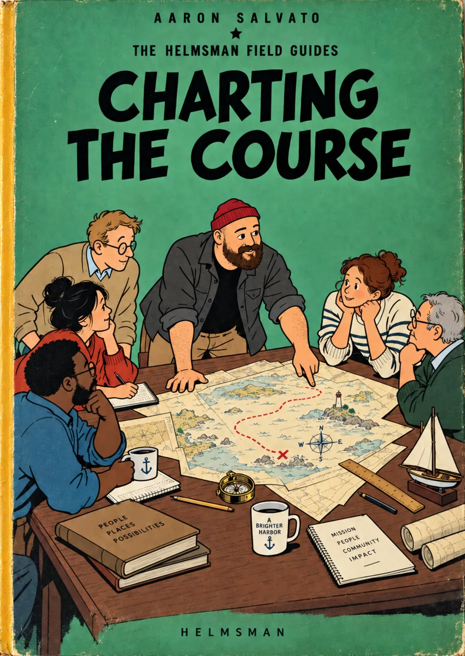 Vintage illustrated Helmsman cover, Charting the Course: Aaron and a team planning together around a nautical map.