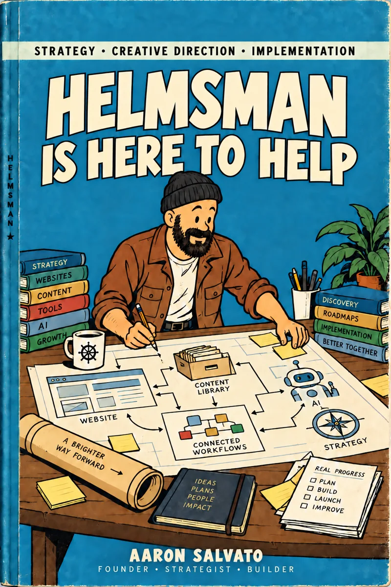 Helmsman Is Here to Help: a vintage blue book cover showing Aaron smiling as he plans a website, content library, and connected workflows.