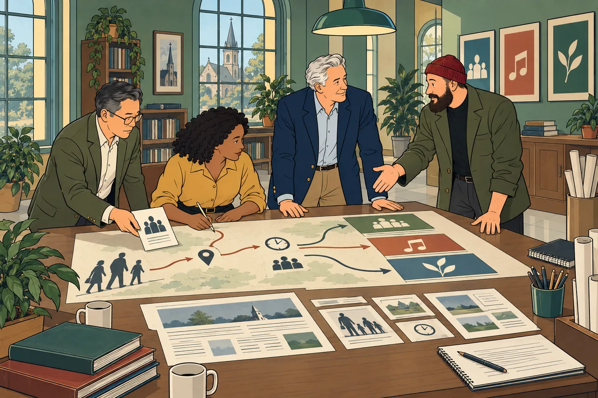 Conceptual illustration: Aaron and church leaders map clear visitor pathways and coordinated ministry pages.