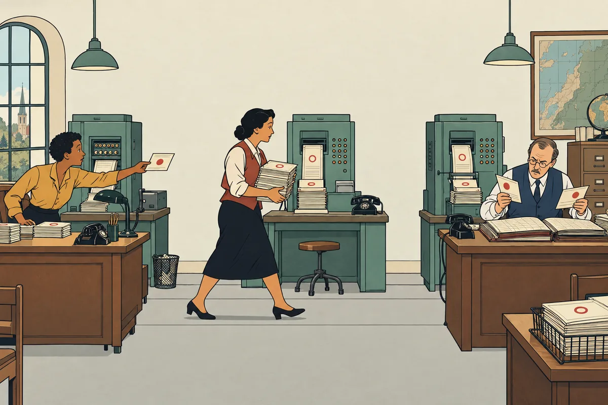 Conceptual illustration: Staff carry duplicate event records between separate processing stations and compare conflicting versions.