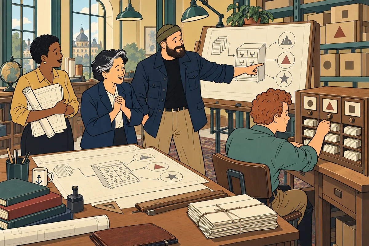 Conceptual illustration: Aaron directs a custom-tool demonstration with a specialist while the client successfully locates a resource.