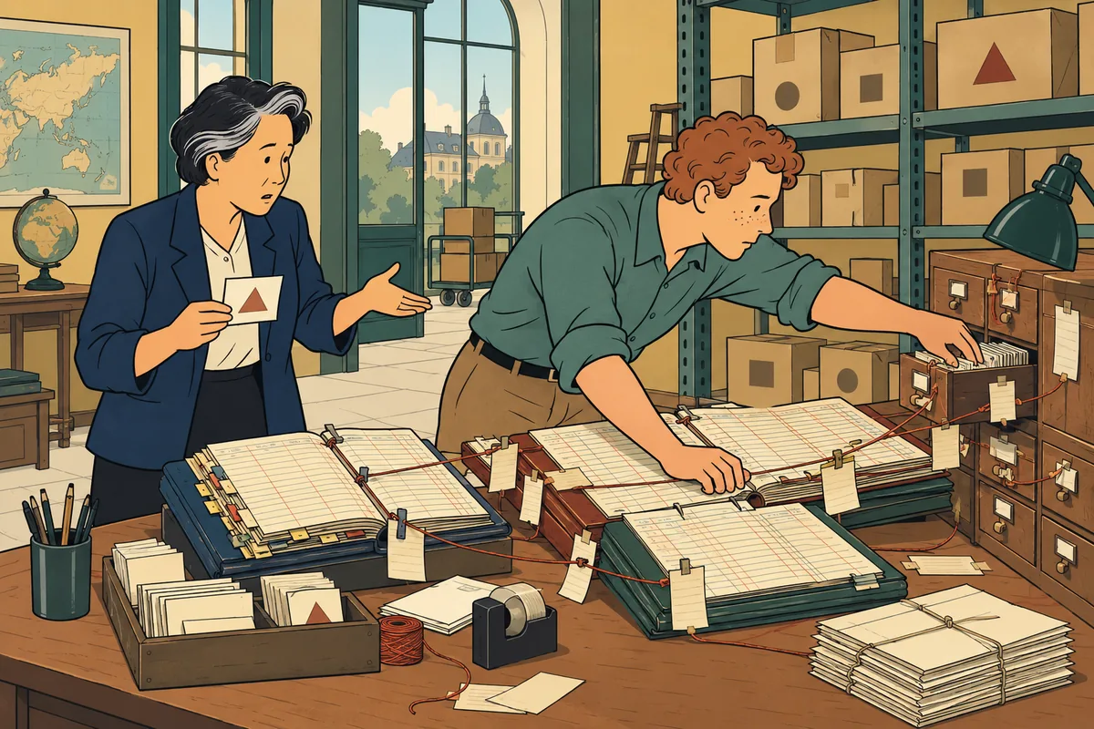 Conceptual illustration: A resource team searches a tangled collection of ledgers and added drawers to complete a simple request.