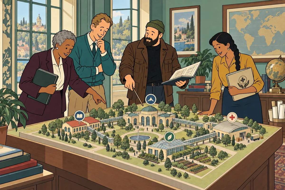 Conceptual illustration: Aaron presents a tabletop architectural model as a metaphor for a flagship website and connected initiative platforms.