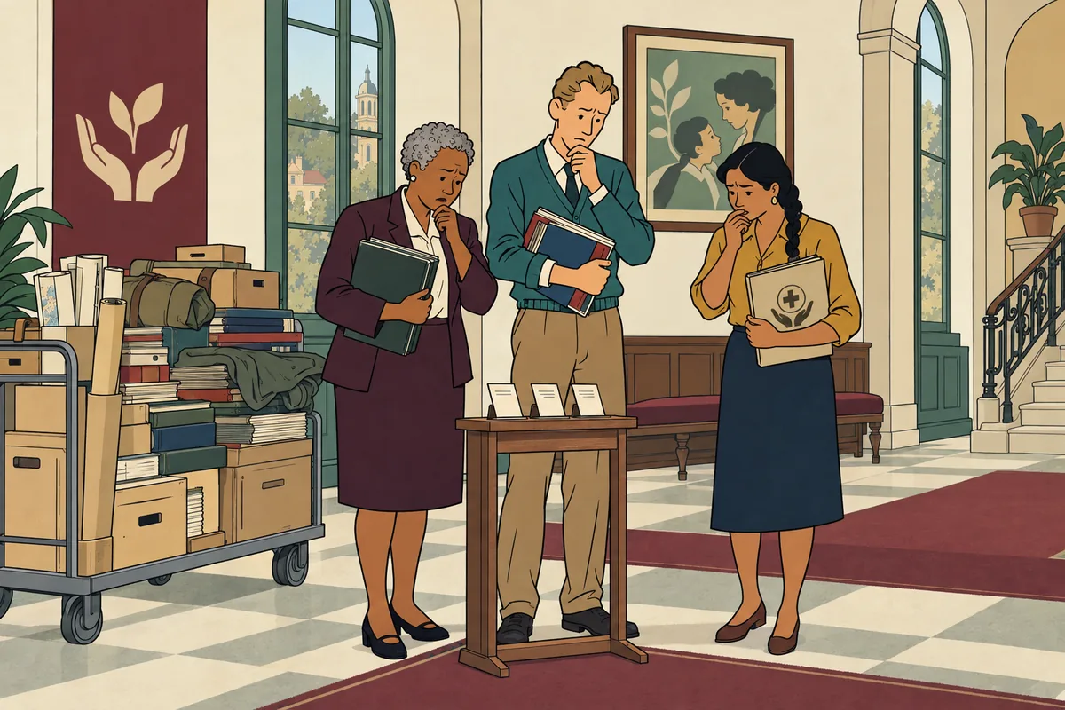 Conceptual illustration: Nonprofit leaders hold substantial initiative portfolios beside a tiny public information stand.
