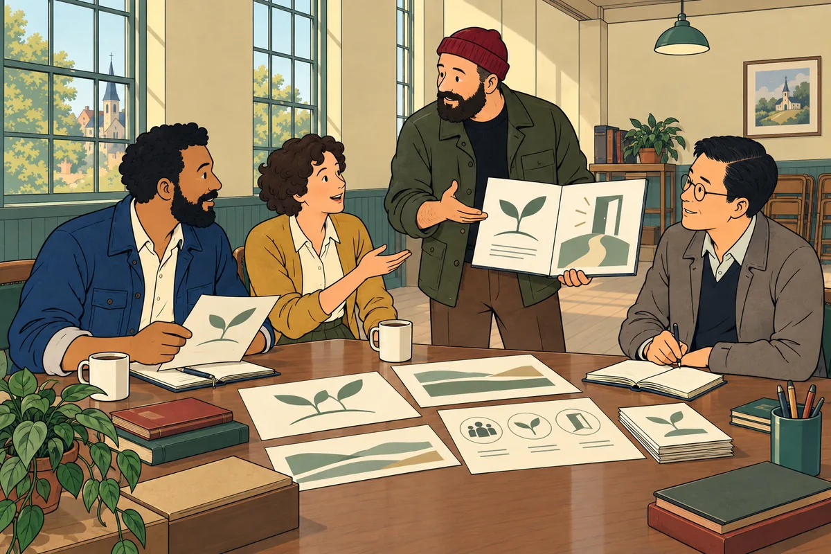 Conceptual illustration: Aaron presents a coherent launch identity as the founders confidently introduce their mission to a volunteer.