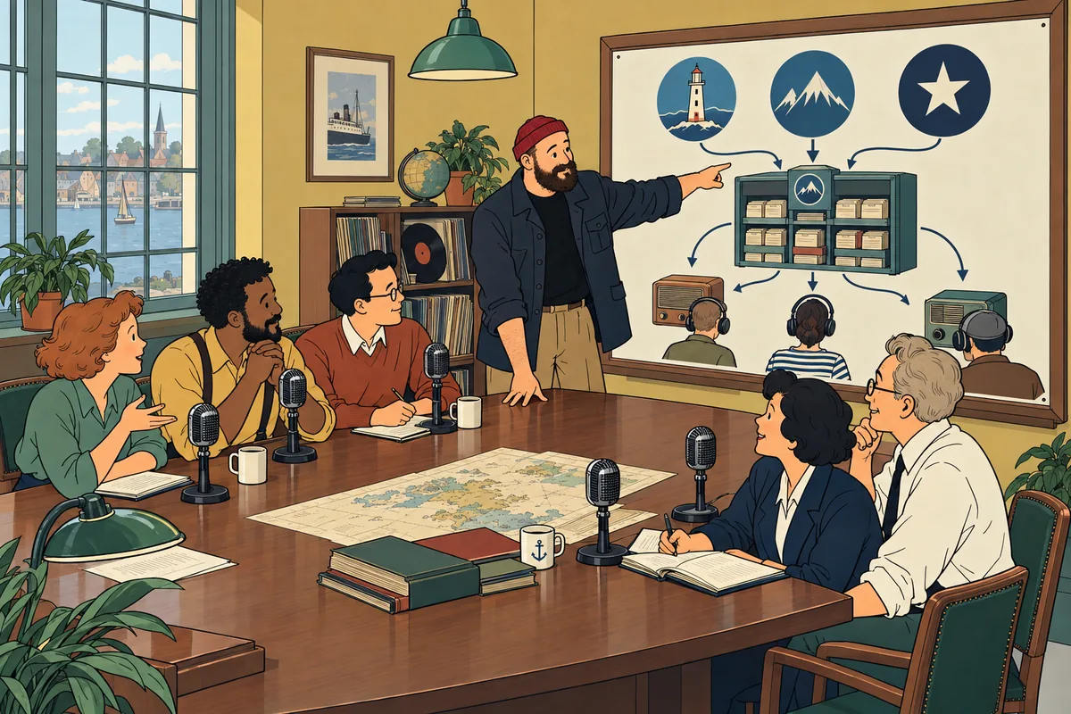 Conceptual illustration: Aaron leads hosts and managers around a shared table, explaining a unified publishing platform and listener distribution.
