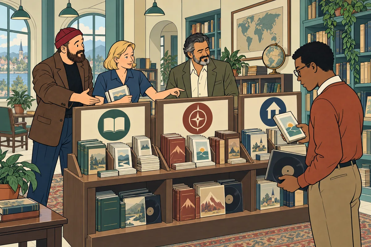 Conceptual illustration: Aaron presents organized subject collections as a reader discovers a book and recording.
