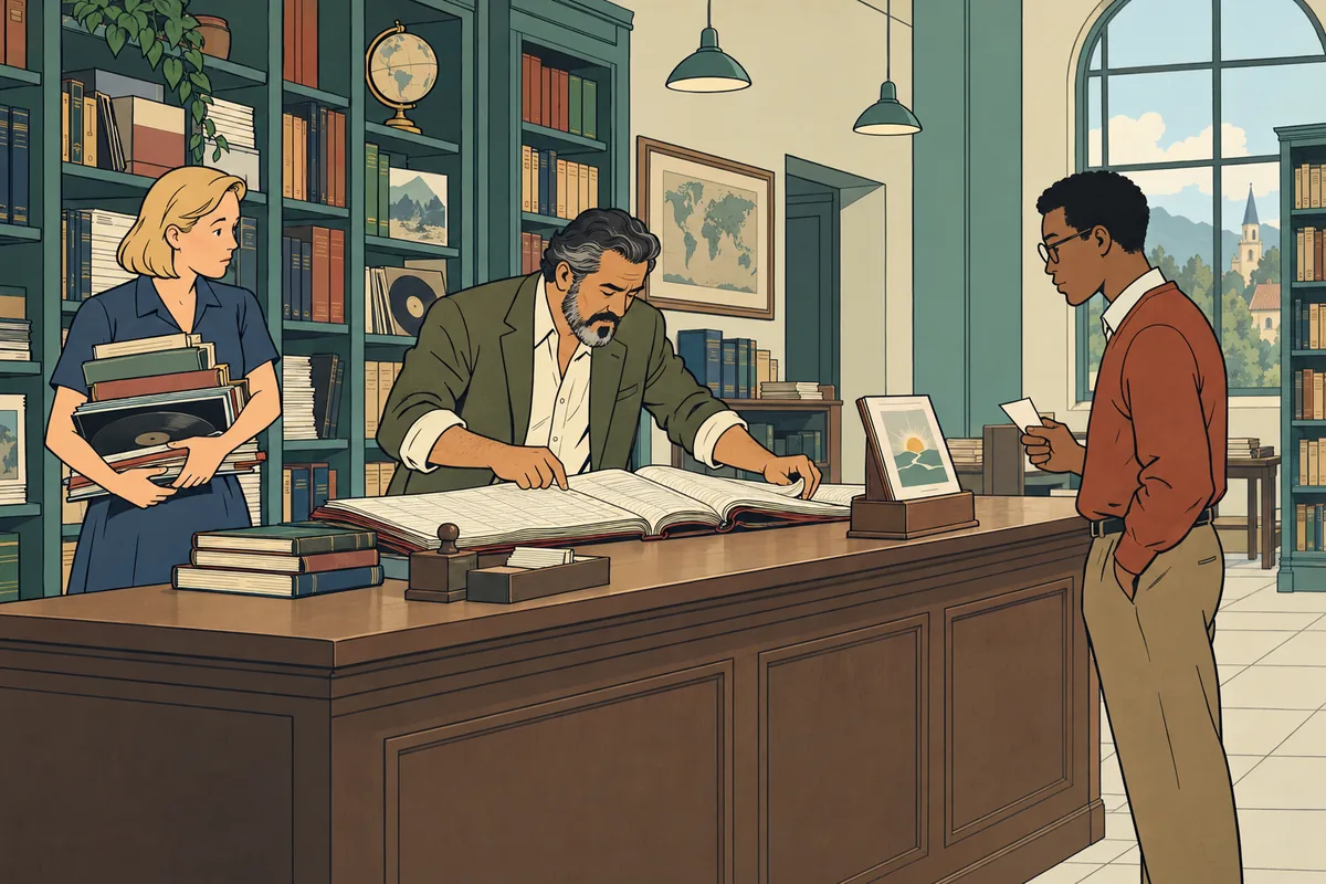 Conceptual illustration: A teacher searches a chronological ledger while a reader waits for a useful resource.