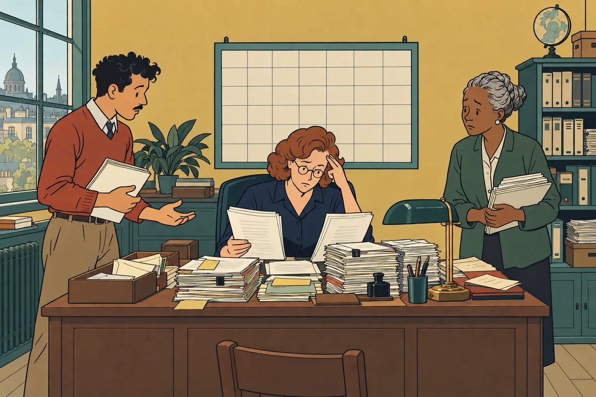 Conceptual illustration: An overloaded editor faces competing drafts and colleagues waiting for decisions.
