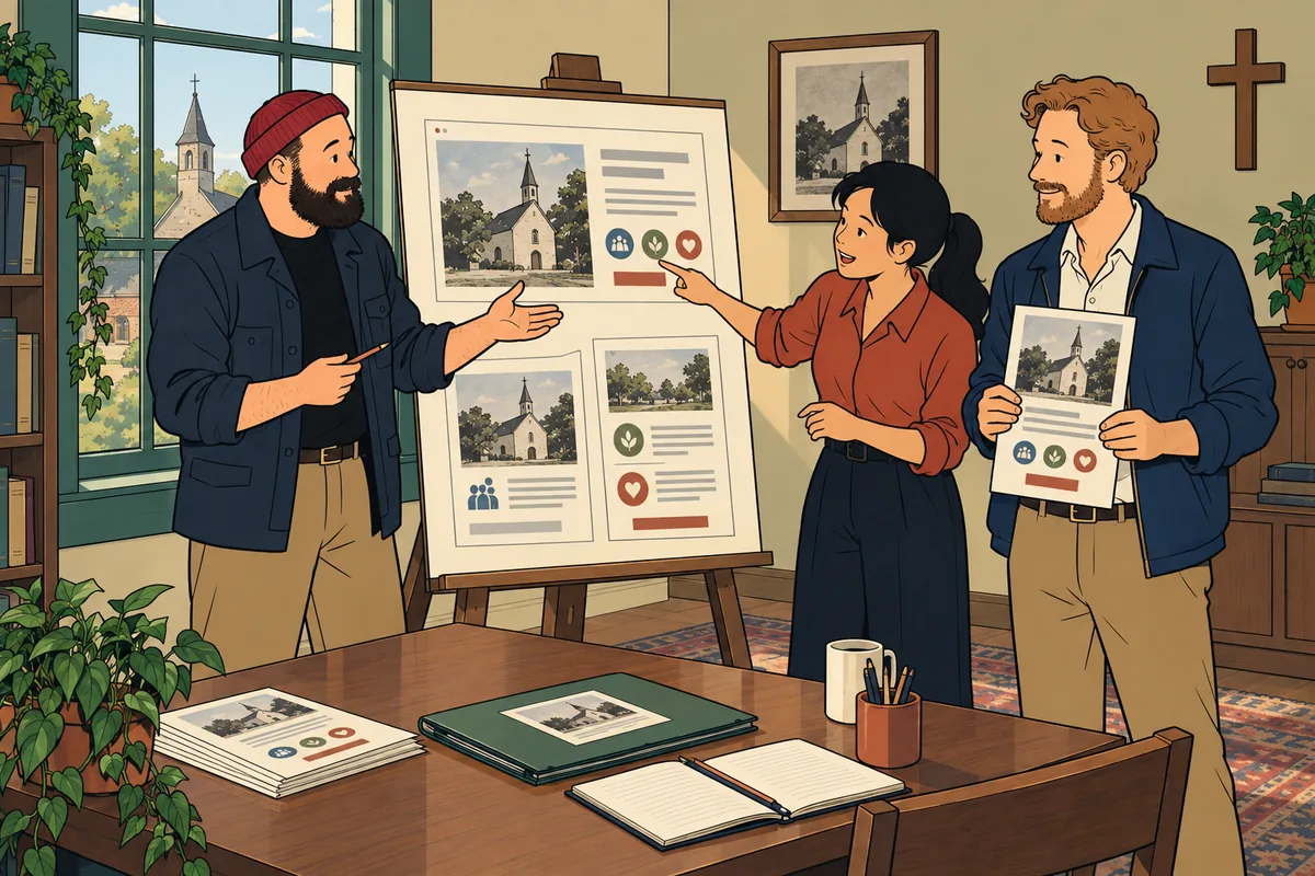 Conceptual illustration: Aaron leads a design review of a clear, coordinated presentation with the church team.
