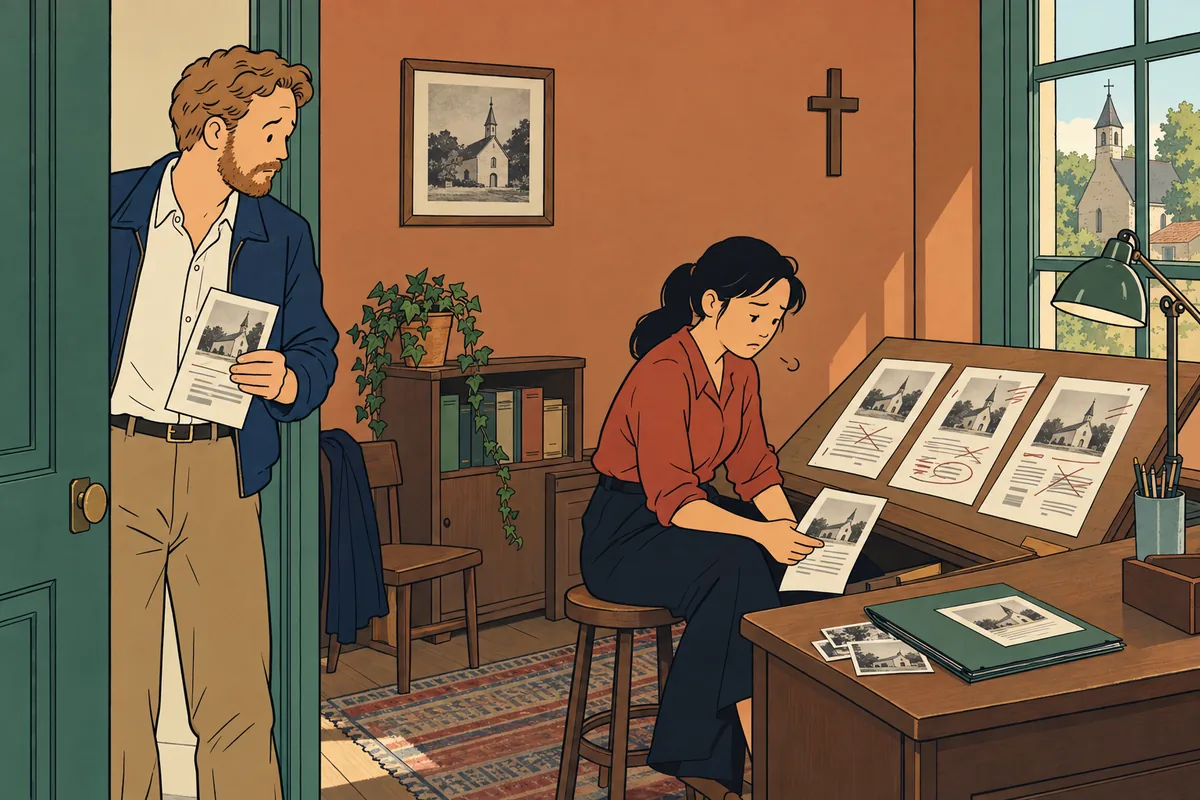 Conceptual illustration: A church planter and volunteer struggle with inconsistent page layouts.